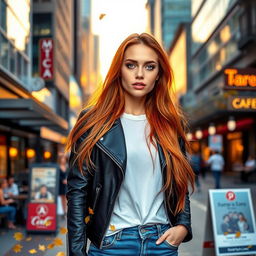 A stylish woman with long flowing red hair, dressed in a chic black leather jacket and a white t-shirt, standing on a bustling city street during sunset