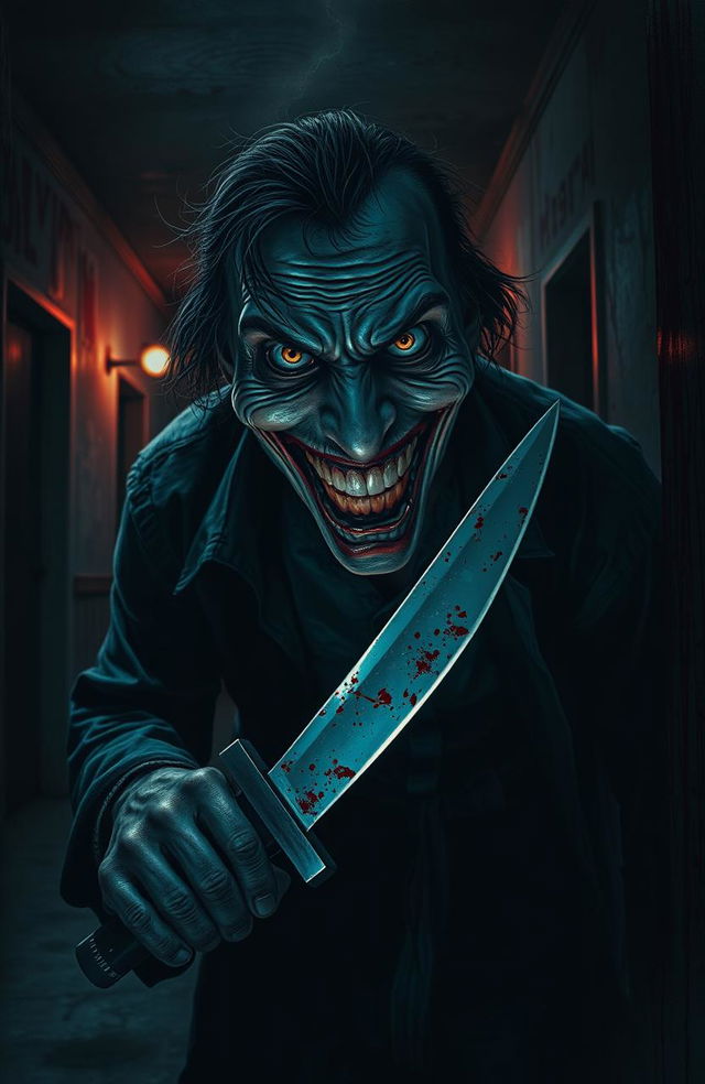 A chilling scene depicting a malevolent figure, a psychotic killer, lurking in the shadows with a manic grin, clad in tattered clothing