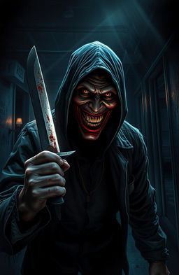 A chilling scene depicting a malevolent figure, a psychotic killer, lurking in the shadows with a manic grin, clad in tattered clothing