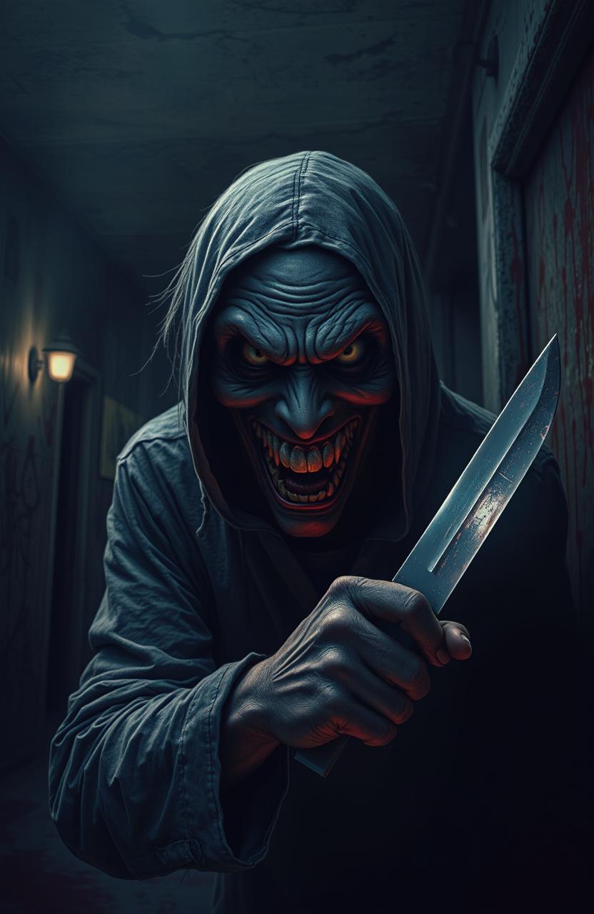 A chilling scene depicting a malevolent figure, a psychotic killer, lurking in the shadows with a manic grin, clad in tattered clothing