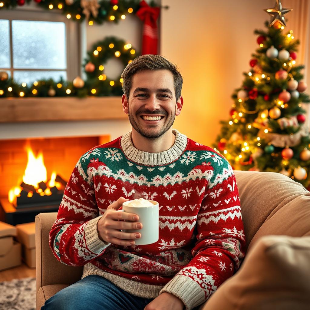 A cheerful man wearing a warm knitted Christmas sweater with red, green, and white festive patterns, sitting comfortably in a cozy living room beautifully decorated for Christmas