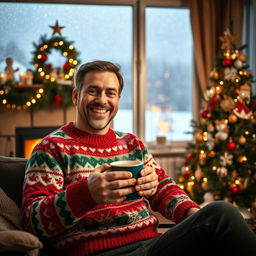 A cheerful man wearing a warm knitted Christmas sweater with red, green, and white festive patterns, sitting comfortably in a cozy living room beautifully decorated for Christmas
