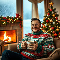 A cheerful man wearing a warm knitted Christmas sweater with red, green, and white festive patterns, sitting comfortably in a cozy living room beautifully decorated for Christmas