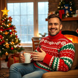A cheerful man wearing a warm knitted Christmas sweater with red, green, and white festive patterns, sitting comfortably in a cozy living room beautifully decorated for Christmas