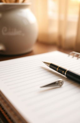 A realistic close-up view of a lined notebook, showcasing the texture of the paper and the clean, crisp lines of the pages, with a stylish pen resting on top