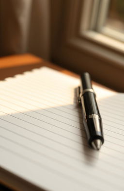 A realistic close-up view of a lined notebook, showcasing the texture of the paper and the clean, crisp lines of the pages, with a stylish pen resting on top