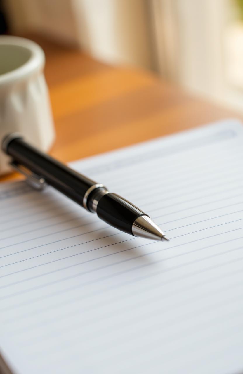 A realistic close-up view of a lined notebook, showcasing the texture of the paper and the clean, crisp lines of the pages, with a stylish pen resting on top