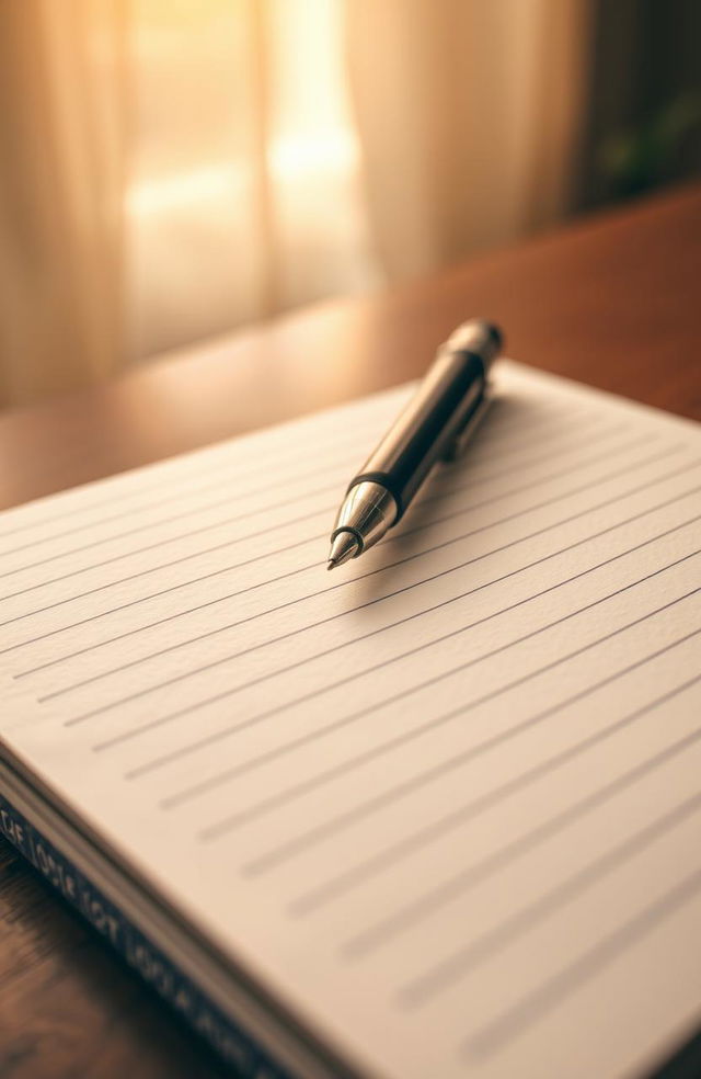 A realistic close-up view of a lined notebook, showcasing the texture of the paper and the clean, crisp lines of the pages, with a stylish pen resting on top