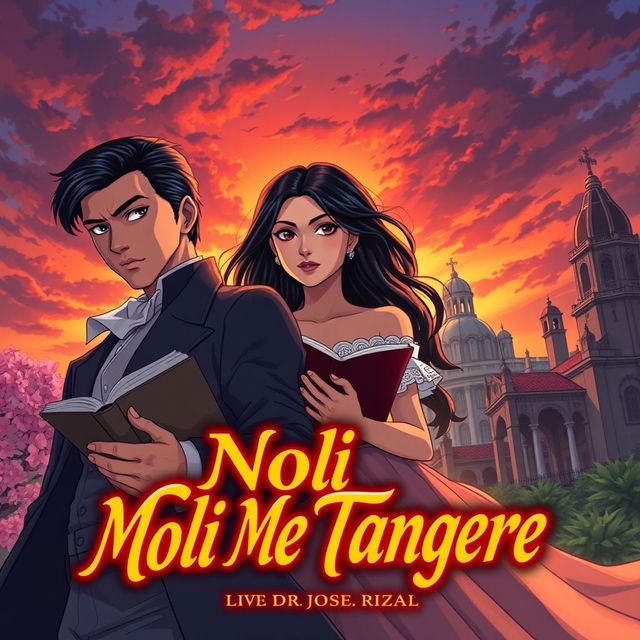 A dynamic anime-style book cover inspired by 'Noli Me Tangere' by Dr