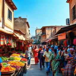 A vibrant street scene in a bustling city of a third world country, showcasing colorful market stalls filled with local produce, an array of textiles, and handmade goods