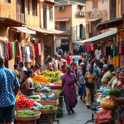 A vibrant street scene in a bustling city of a third world country, showcasing colorful market stalls filled with local produce, an array of textiles, and handmade goods