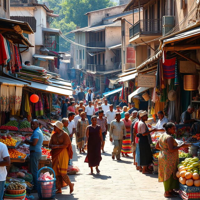 A vibrant street scene in a bustling city of a third world country, showcasing colorful market stalls filled with local produce, an array of textiles, and handmade goods