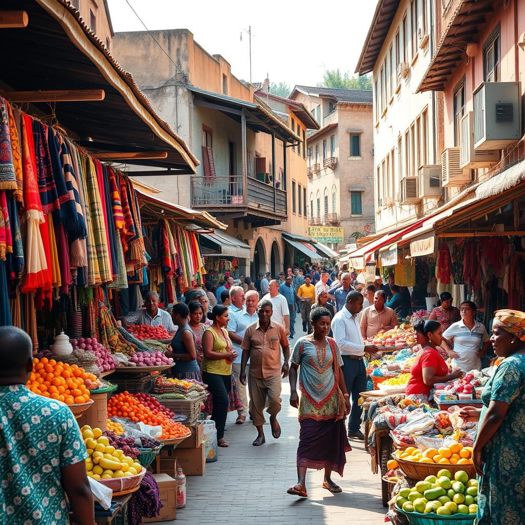 A vibrant street scene in a bustling city of a third world country, showcasing colorful market stalls filled with local produce, an array of textiles, and handmade goods
