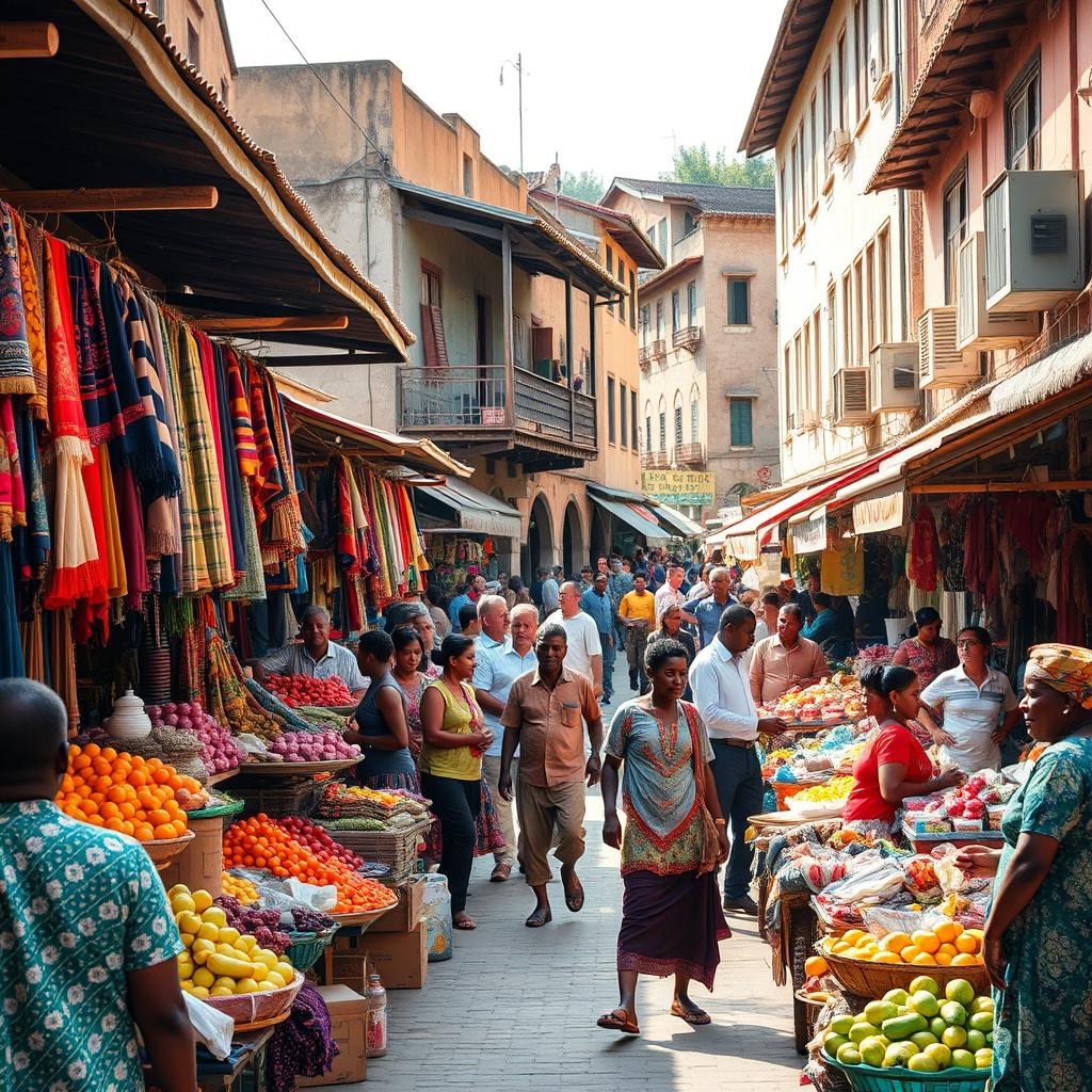 A vibrant street scene in a bustling city of a third world country, showcasing colorful market stalls filled with local produce, an array of textiles, and handmade goods