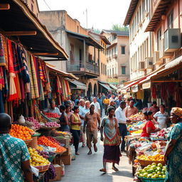 A vibrant street scene in a bustling city of a third world country, showcasing colorful market stalls filled with local produce, an array of textiles, and handmade goods