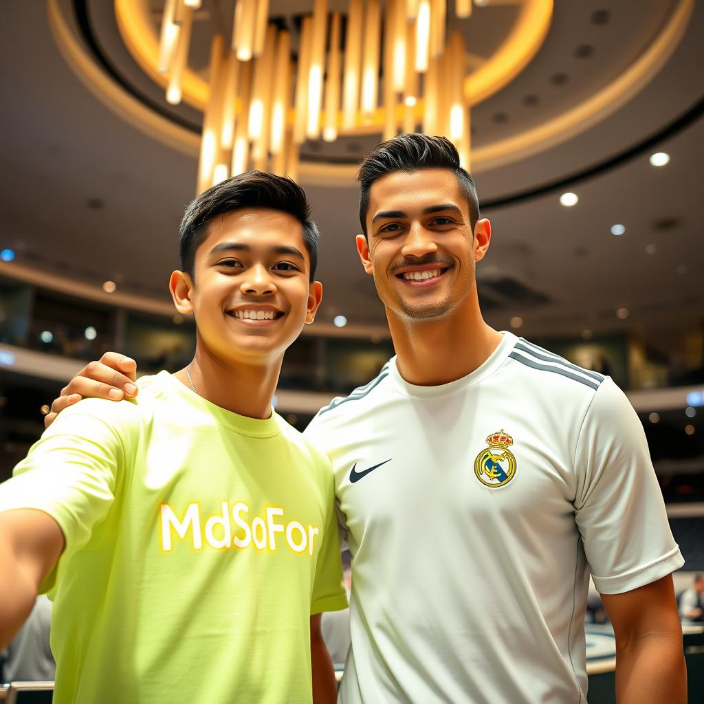 A teenage boy named Md Sofor taking a selfie with Cristiano Ronaldo