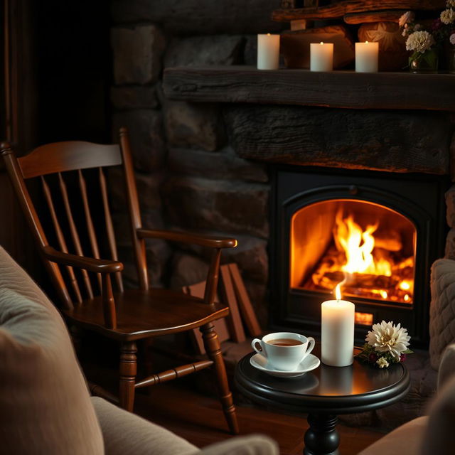 A cozy and romantic setting by a rustic wood-burning fireplace, featuring a wooden chair and a steaming cup of tea on a small side table