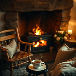 A cozy and romantic setting by a rustic wood-burning fireplace, featuring a wooden chair and a steaming cup of tea on a small side table