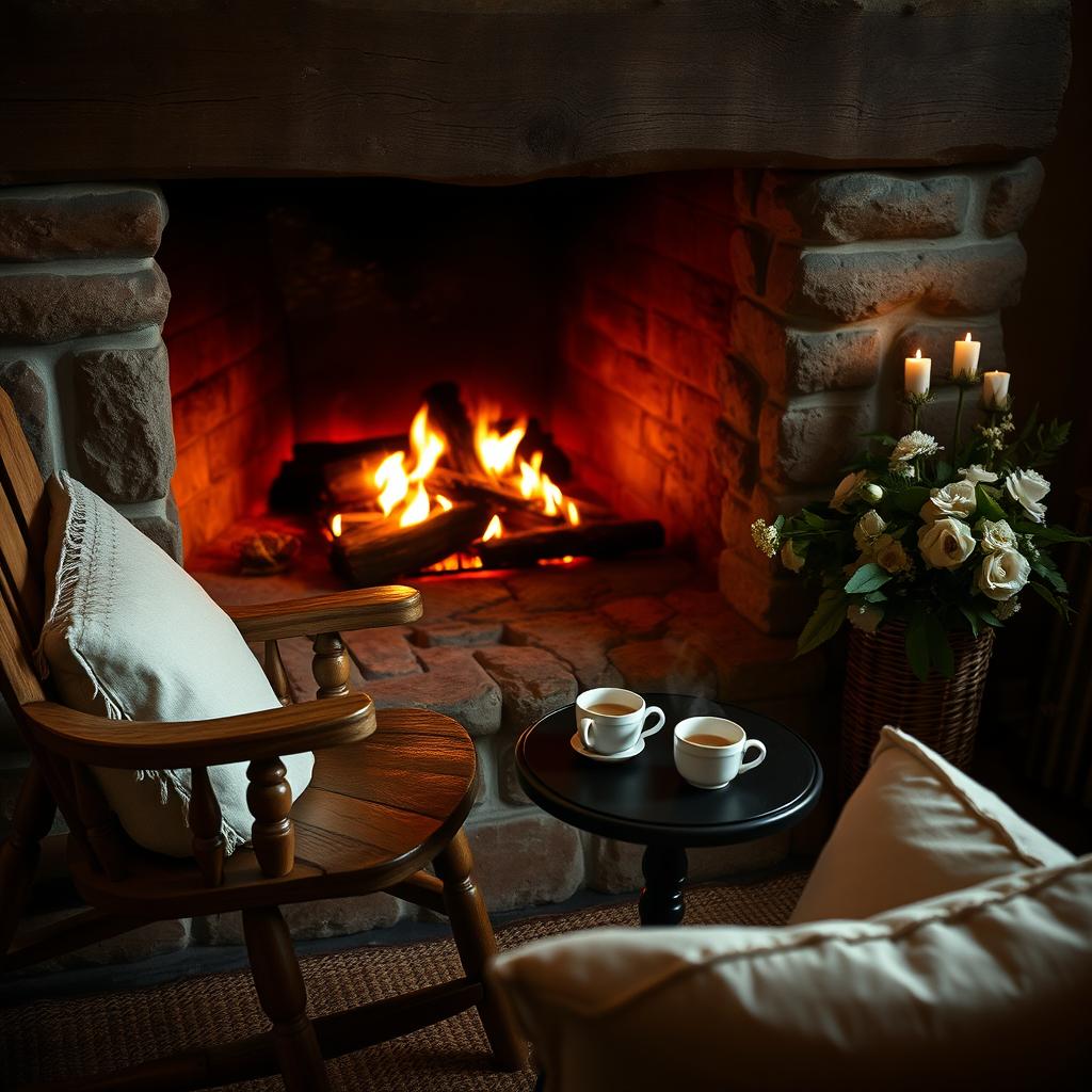 A cozy and romantic setting by a rustic wood-burning fireplace, featuring a wooden chair and a steaming cup of tea on a small side table