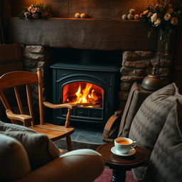 A cozy and romantic setting by a rustic wood-burning fireplace, featuring a wooden chair and a steaming cup of tea on a small side table