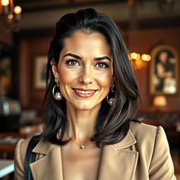 A portrait of a 38-year-old woman with dark hair and an Italian appearance