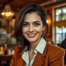 A portrait of a 38-year-old woman with dark hair and an Italian appearance
