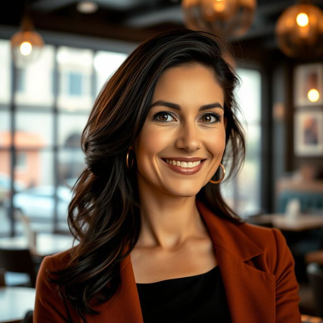 A portrait of a 38-year-old woman with dark hair and an Italian appearance