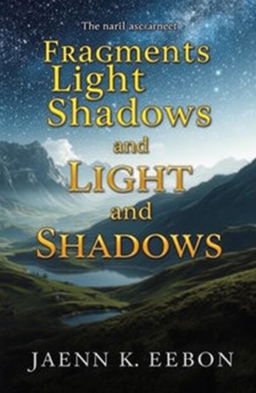A mystical fantasy book cover featuring a breathtaking landscape of rolling hills, towering mountains in the background, and a serene lake reflecting the starry night sky