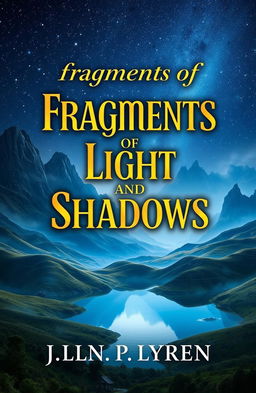 A mystical fantasy book cover featuring a breathtaking landscape of rolling hills, towering mountains in the background, and a serene lake reflecting the starry night sky