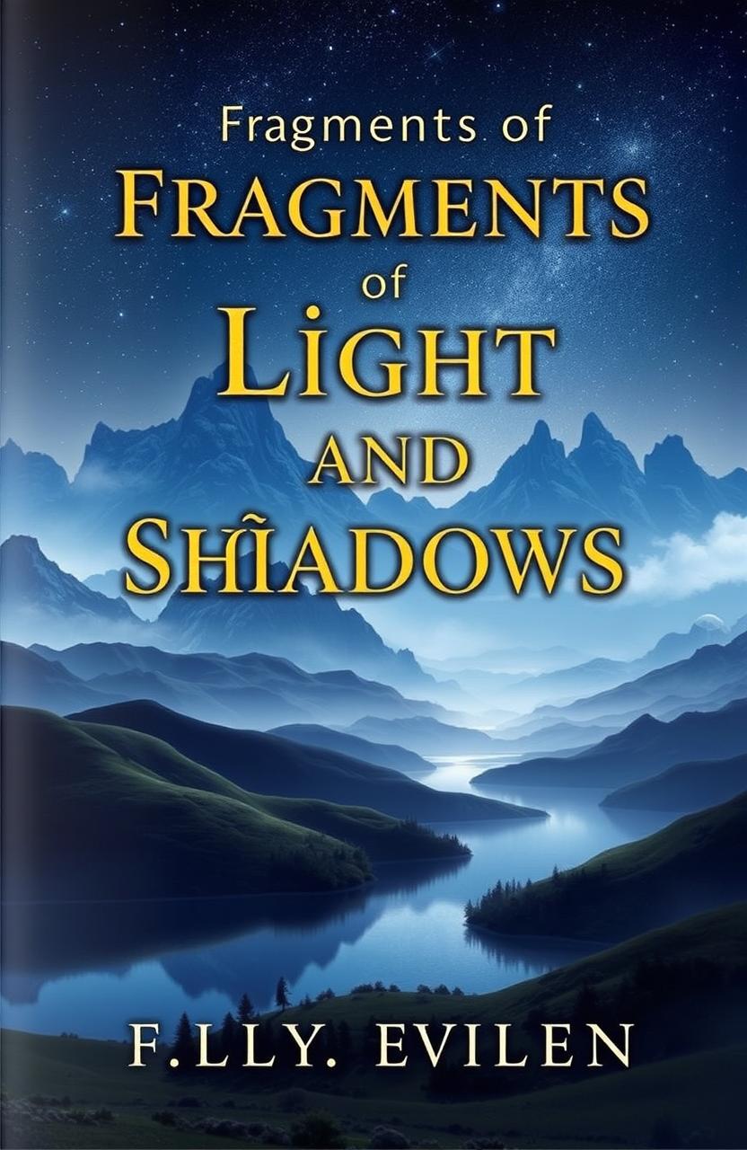 A mystical fantasy book cover featuring a breathtaking landscape of rolling hills, towering mountains in the background, and a serene lake reflecting the starry night sky