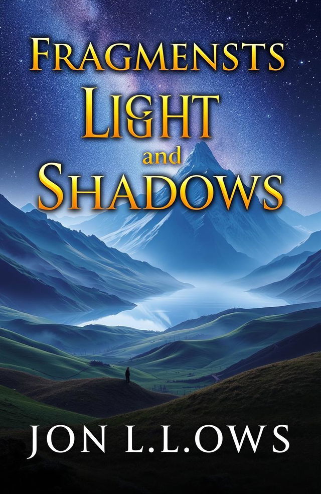 A mystical fantasy book cover featuring a breathtaking landscape of rolling hills, towering mountains in the background, and a serene lake reflecting the starry night sky