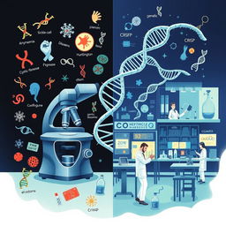 A detailed illustration depicting the concepts of genetic disease and genetic engineering
