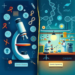 A detailed illustration depicting the concepts of genetic disease and genetic engineering