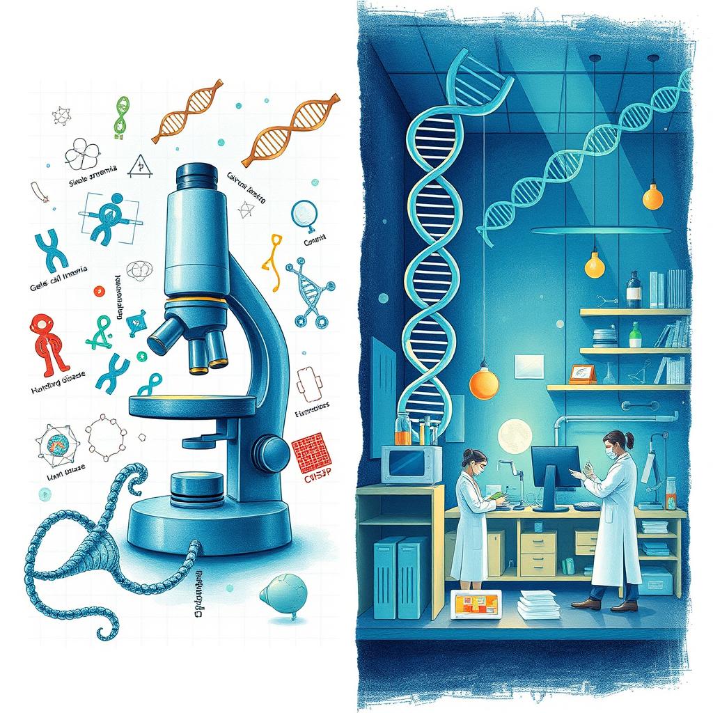 A detailed illustration depicting the concepts of genetic disease and genetic engineering