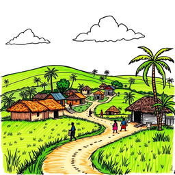 A hand-drawn illustration of a Third World country, depicting a vibrant rural landscape