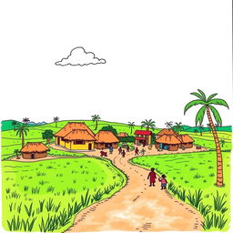 A hand-drawn illustration of a Third World country, depicting a vibrant rural landscape