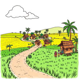 A hand-drawn illustration of a Third World country, depicting a vibrant rural landscape