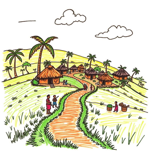 A hand-drawn illustration of a Third World country, depicting a vibrant rural landscape