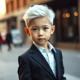 A pale Asian boy with platinum white hair and striking grey eyes, dressed in a stylish, fitted suit and a crisp white shirt, but without a blazer