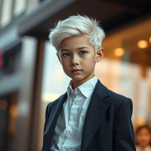 A pale Asian boy with platinum white hair and striking grey eyes, dressed in a stylish, fitted suit and a crisp white shirt, but without a blazer