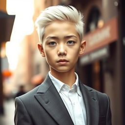A pale Asian boy with platinum white hair and striking grey eyes, dressed in a stylish, fitted suit and a crisp white shirt, but without a blazer