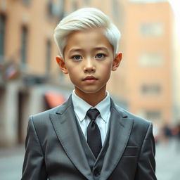 A pale Asian boy with platinum white hair and striking grey eyes, dressed in a stylish, fitted suit and a crisp white shirt, but without a blazer