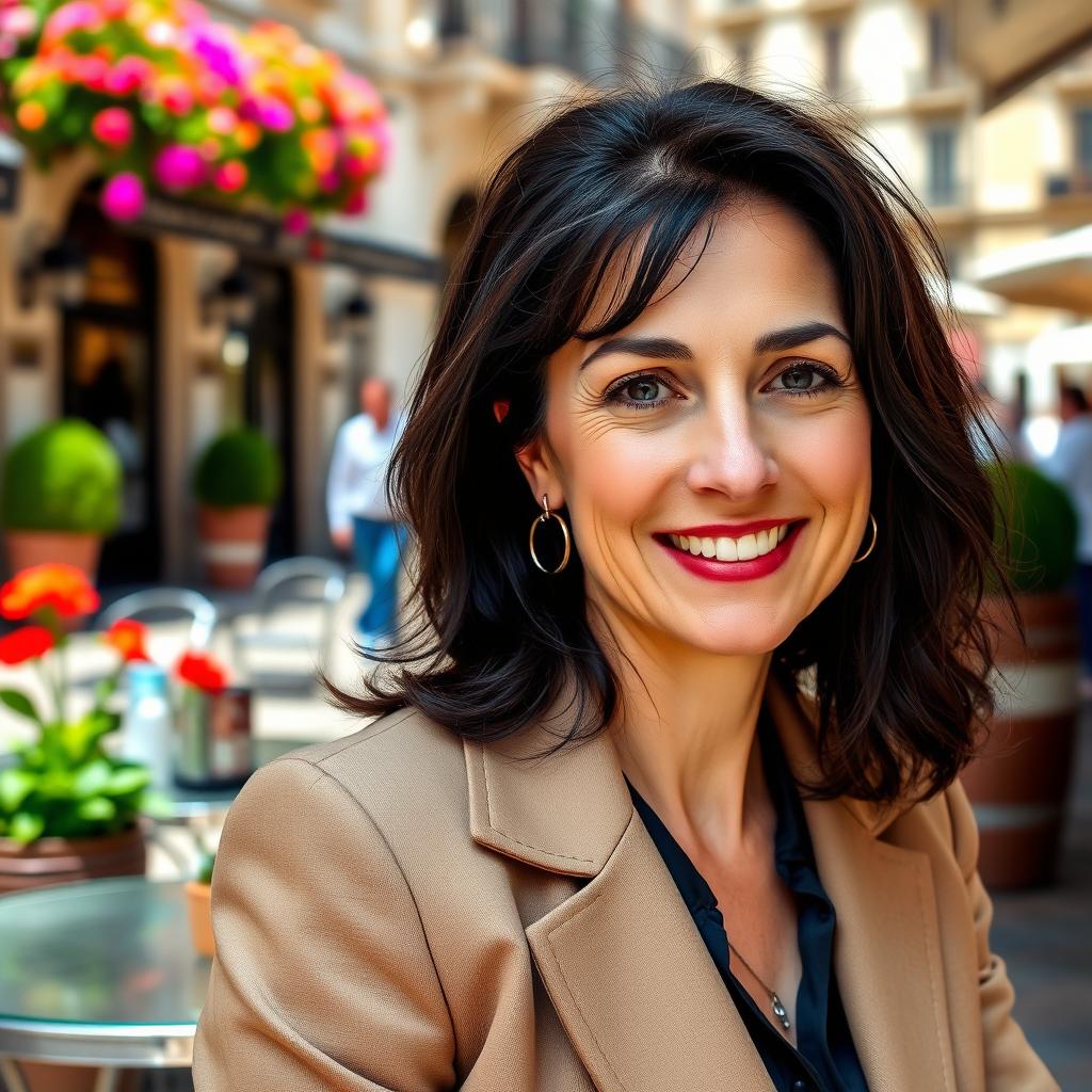 A portrait of a 38-year-old woman with dark hair and distinct Italian features