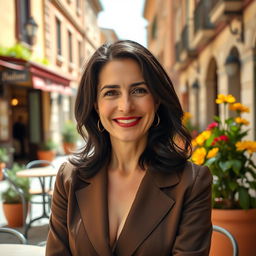 A portrait of a 38-year-old woman with dark hair and distinct Italian features