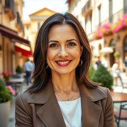 A portrait of a 38-year-old woman with dark hair and distinct Italian features