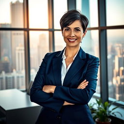 A striking professional photograph of a confident businesswoman standing in a modern office space