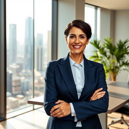 A striking professional photograph of a confident businesswoman standing in a modern office space