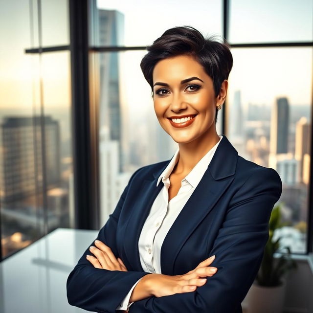 A striking professional photograph of a confident businesswoman standing in a modern office space