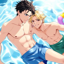 Two handsome anime guys swimming in a bright, sunny pool