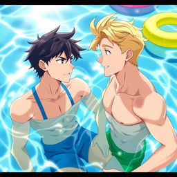 Two handsome anime guys swimming in a bright, sunny pool